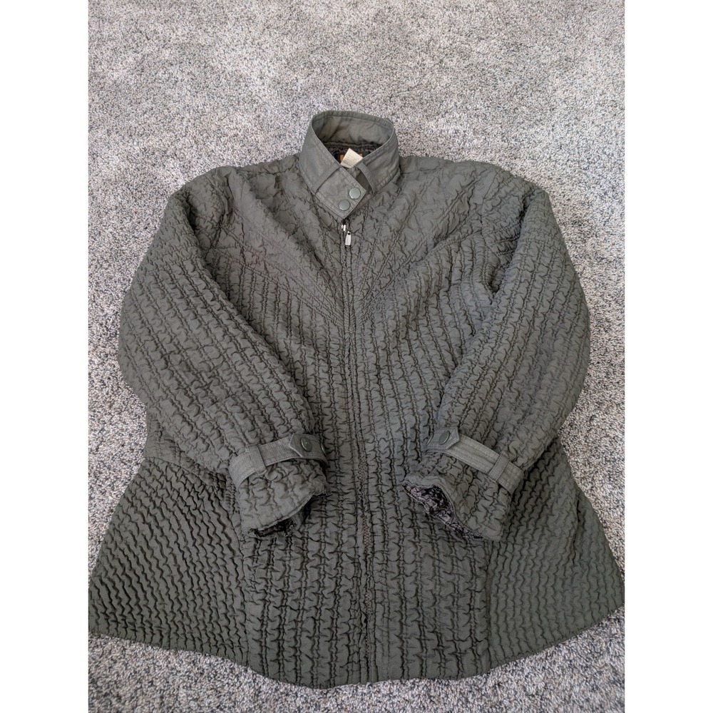 Ubu Womens Olive Green Quilted Crinkle Texture Zip Up Jacket Mock Neck Large